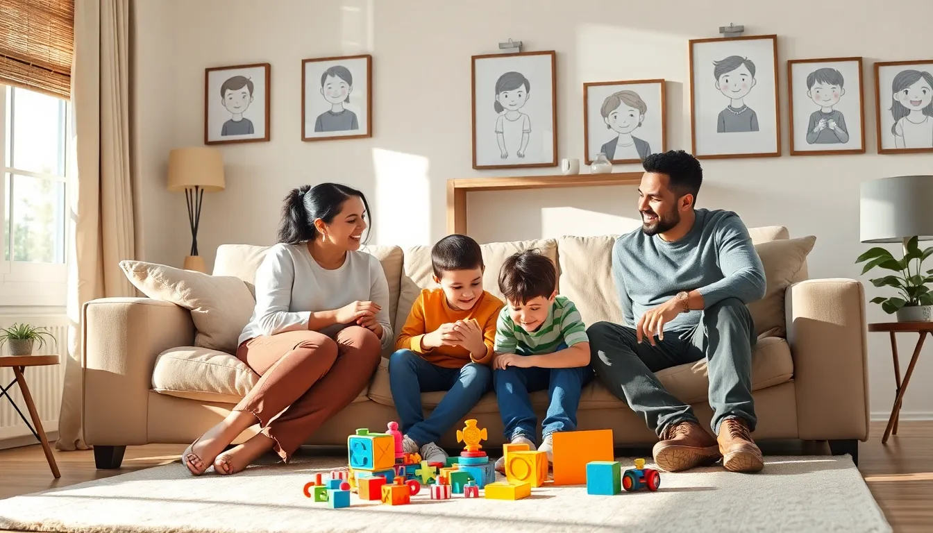 family supporting child with special needs in a cozy living room.