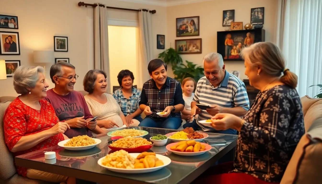 A multigenerational Cuban family enjoying a meal together in a cozy living room.