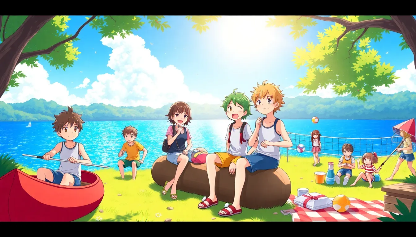 Danganronpa characters enjoying summer camp activities in a bright outdoor setting.