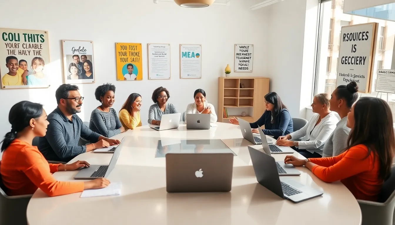 diverse parents discussing resources for special needs children in a support center.