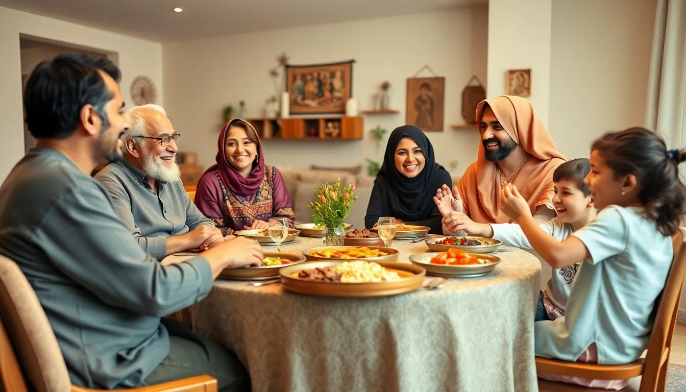 Arabic family gathering in a modern home celebrating traditions.