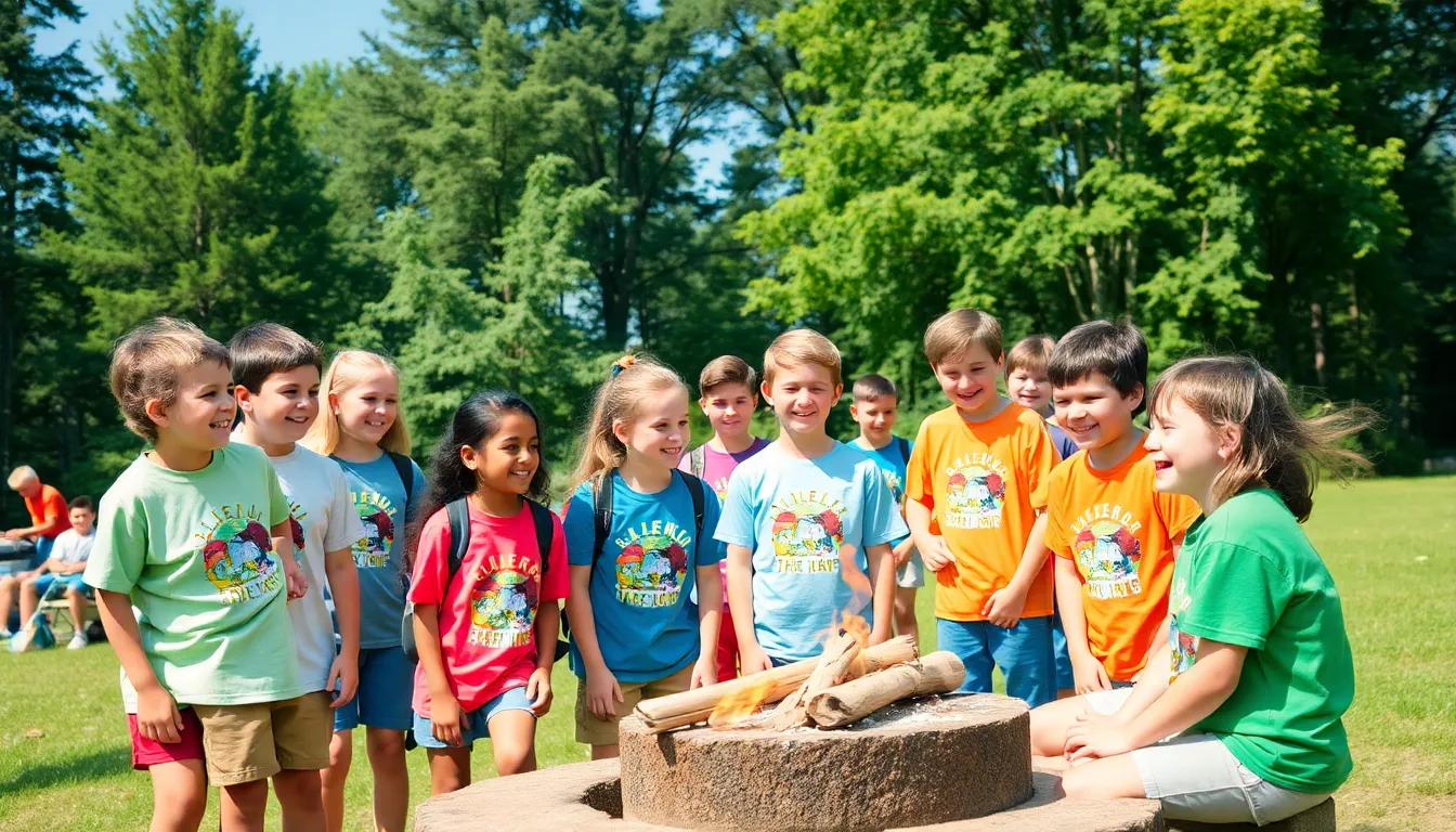 Children in matching summer camp shirts enjoying activities outdoors.