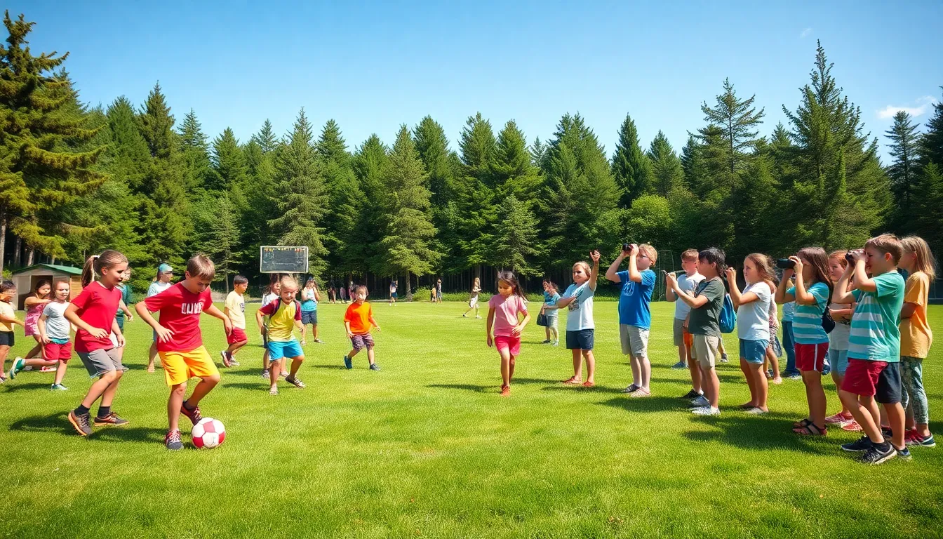 children participating in soccer and nature exploration at summer camp.